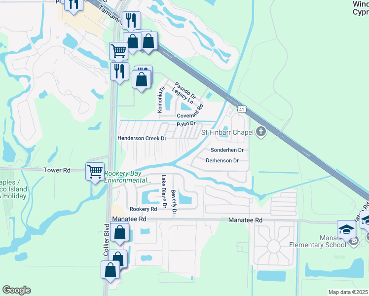 map of restaurants, bars, coffee shops, grocery stores, and more near 1322 Henderson Creek Drive in Naples