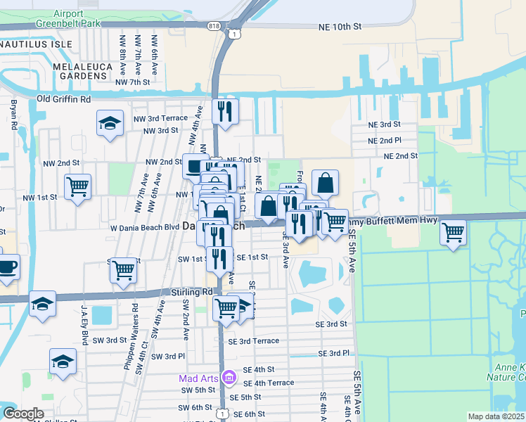 map of restaurants, bars, coffee shops, grocery stores, and more near 215 Northeast 2nd Court in Dania Beach