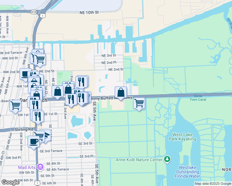 map of restaurants, bars, coffee shops, grocery stores, and more near 619 East Dania Beach Boulevard in Dania Beach
