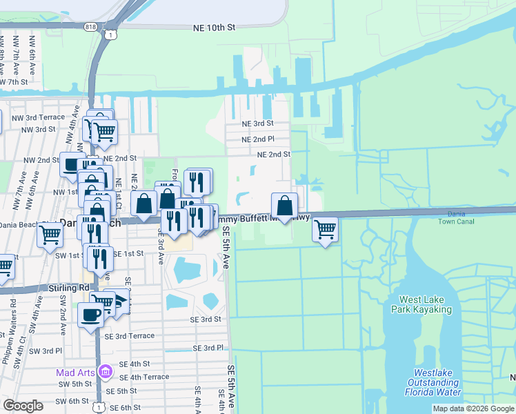 map of restaurants, bars, coffee shops, grocery stores, and more near 619 East Dania Beach Boulevard in Dania Beach