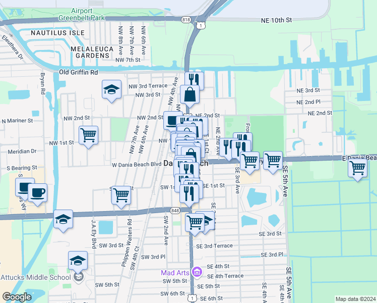 map of restaurants, bars, coffee shops, grocery stores, and more near 52 U.S. 1 in Dania Beach