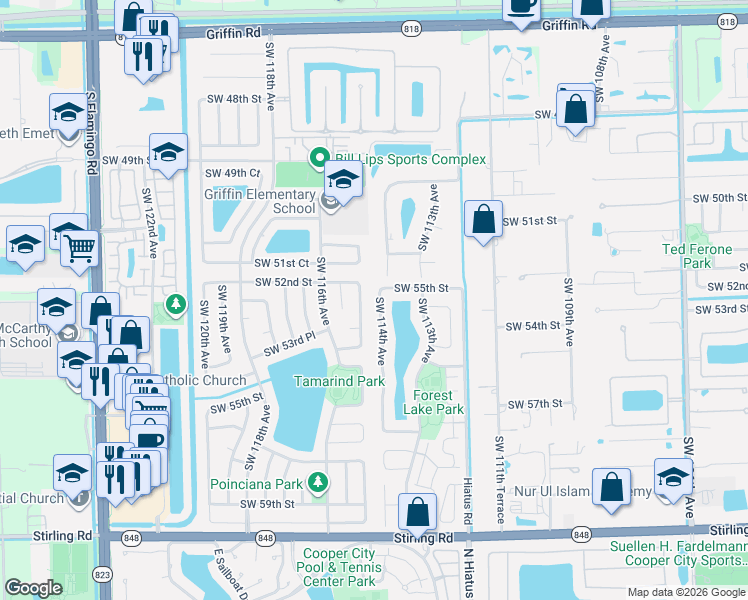 map of restaurants, bars, coffee shops, grocery stores, and more near 5502 Southwest 114th Avenue in Cooper City