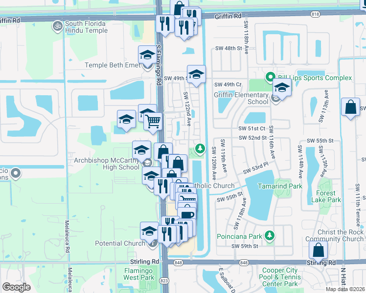 map of restaurants, bars, coffee shops, grocery stores, and more near 12237 Southwest 52nd Place in Cooper City