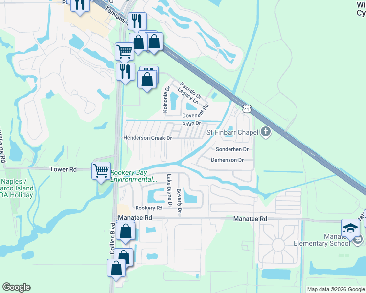 map of restaurants, bars, coffee shops, grocery stores, and more near 174 Oak Lane in Naples