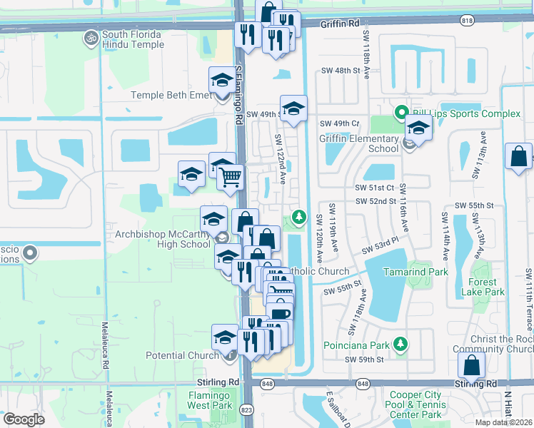 map of restaurants, bars, coffee shops, grocery stores, and more near 5286 Southwest 123rd Avenue in Cooper City