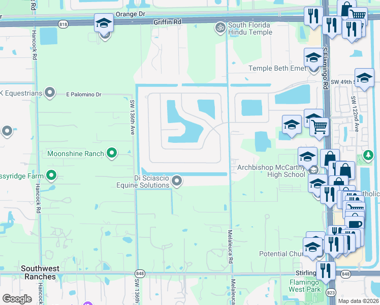 map of restaurants, bars, coffee shops, grocery stores, and more near 113304 Lakeside Terrace in Cooper City