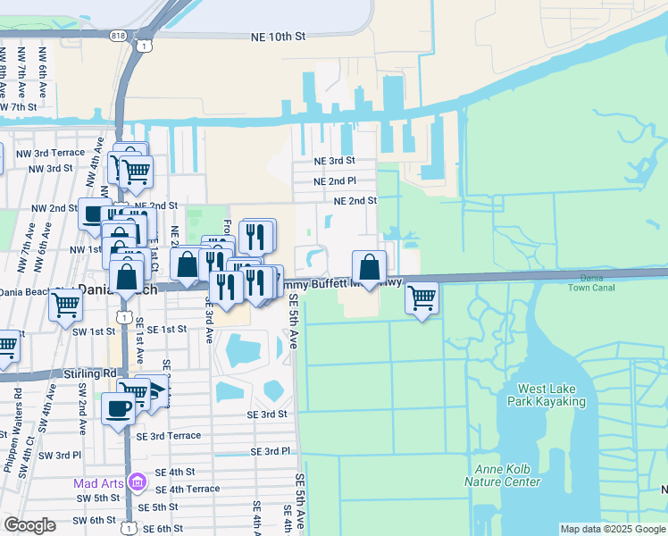 map of restaurants, bars, coffee shops, grocery stores, and more near 619 East Dania Beach Boulevard in Dania Beach