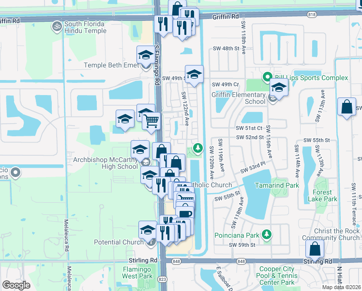 map of restaurants, bars, coffee shops, grocery stores, and more near 12237 Southwest 52nd Place in Cooper City