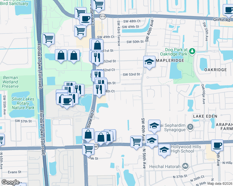 map of restaurants, bars, coffee shops, grocery stores, and more near 5414 Southwest 44th Avenue in Fort Lauderdale