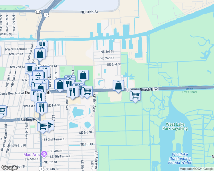 map of restaurants, bars, coffee shops, grocery stores, and more near 619 East Dania Beach Boulevard in Dania Beach