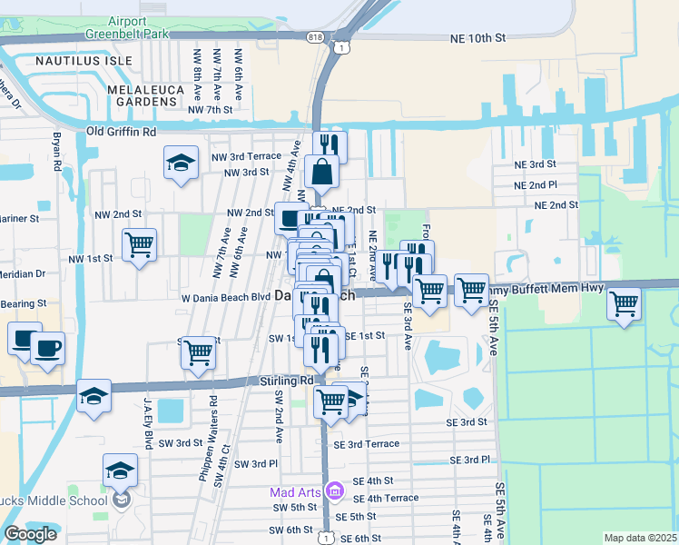 map of restaurants, bars, coffee shops, grocery stores, and more near 52 U.S. 1 in Dania Beach