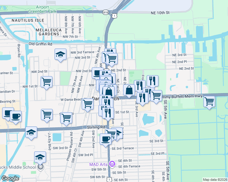 map of restaurants, bars, coffee shops, grocery stores, and more near 32 Northeast 1st Court in Dania Beach