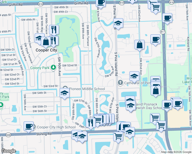 map of restaurants, bars, coffee shops, grocery stores, and more near 8755 Southwest 53rd Street in Cooper City