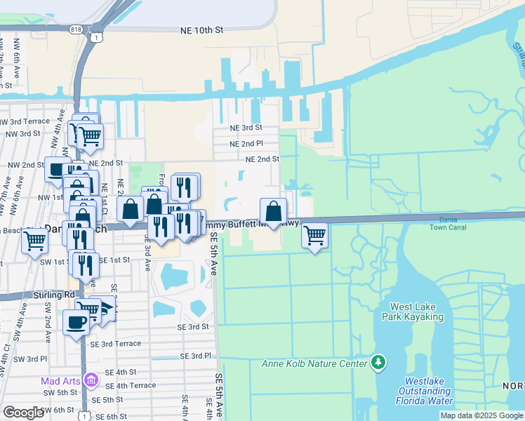 map of restaurants, bars, coffee shops, grocery stores, and more near 619 East Dania Beach Boulevard in Dania Beach