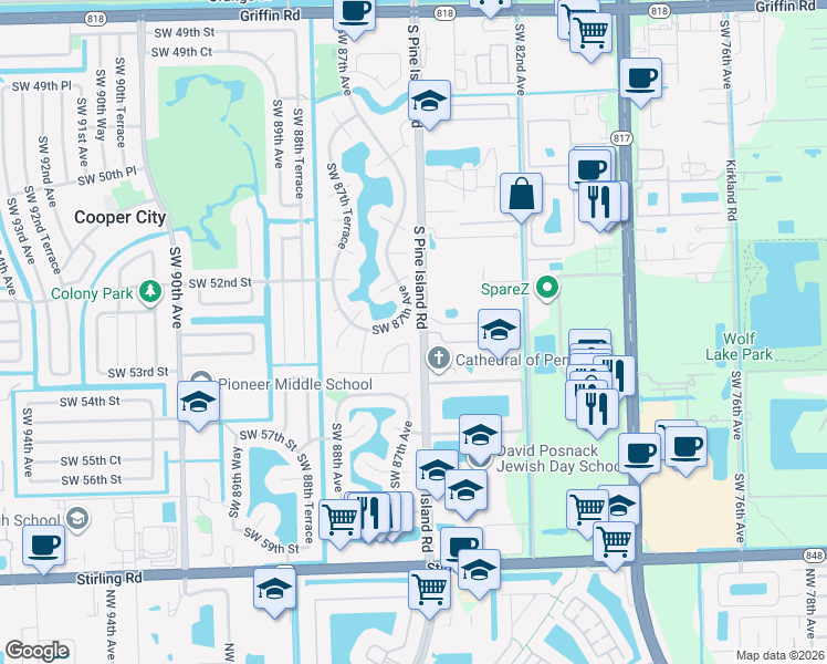 map of restaurants, bars, coffee shops, grocery stores, and more near 5212 Southwest 87th Avenue in Cooper City