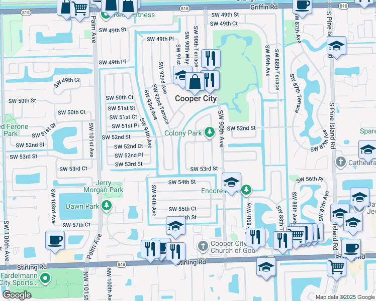 map of restaurants, bars, coffee shops, grocery stores, and more near 5206 Southwest 91st Terrace in Cooper City