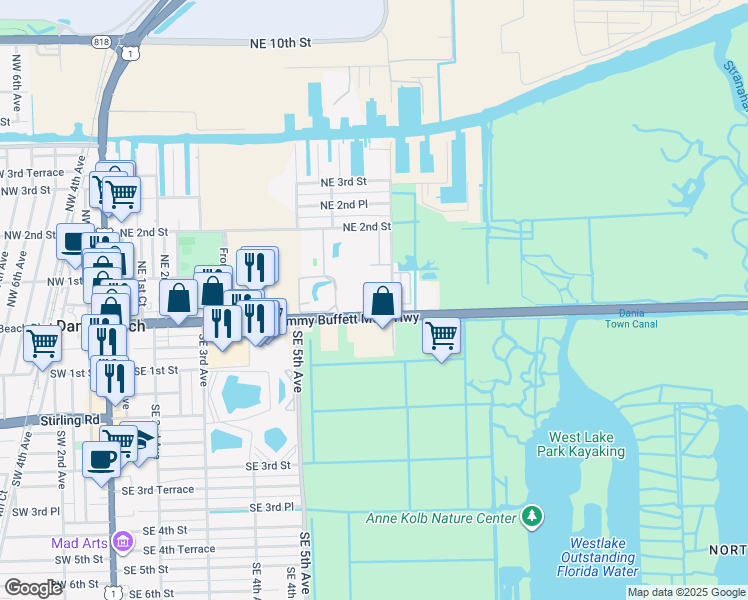 map of restaurants, bars, coffee shops, grocery stores, and more near 619 East Dania Beach Boulevard in Dania Beach