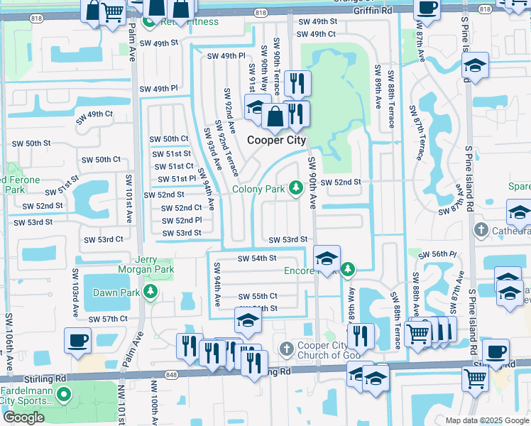 map of restaurants, bars, coffee shops, grocery stores, and more near 5206 Southwest 91st Terrace in Cooper City