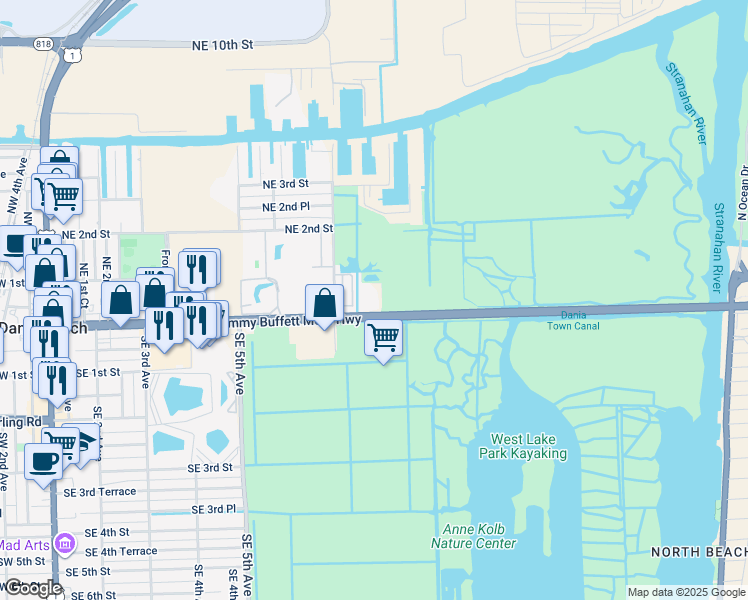 map of restaurants, bars, coffee shops, grocery stores, and more near 825 East Dania Beach Boulevard in Dania Beach