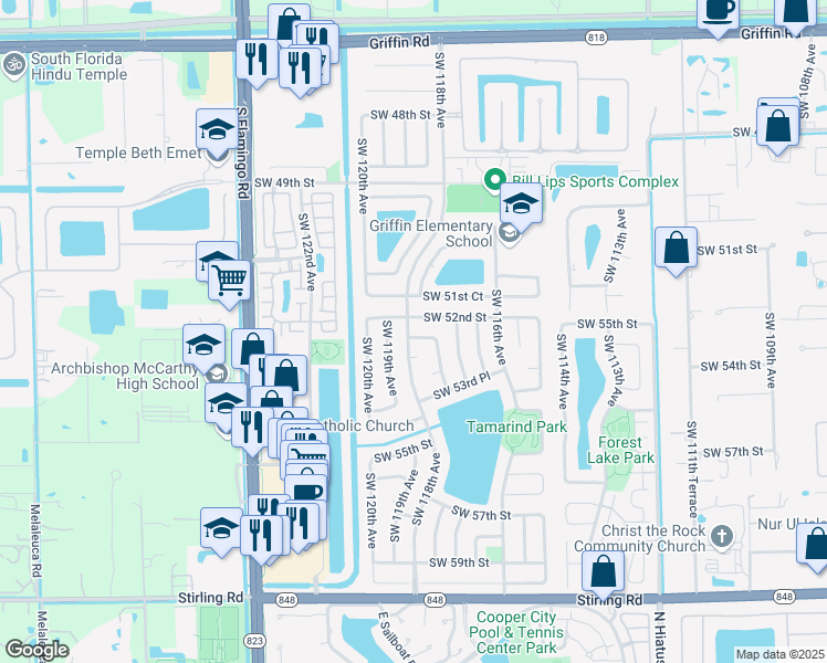 map of restaurants, bars, coffee shops, grocery stores, and more near 11771 Southwest 52nd Court in Cooper City