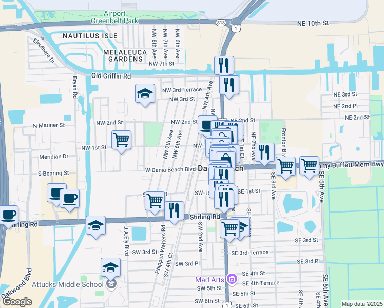 map of restaurants, bars, coffee shops, grocery stores, and more near 29 Northwest 4th Avenue in Dania Beach