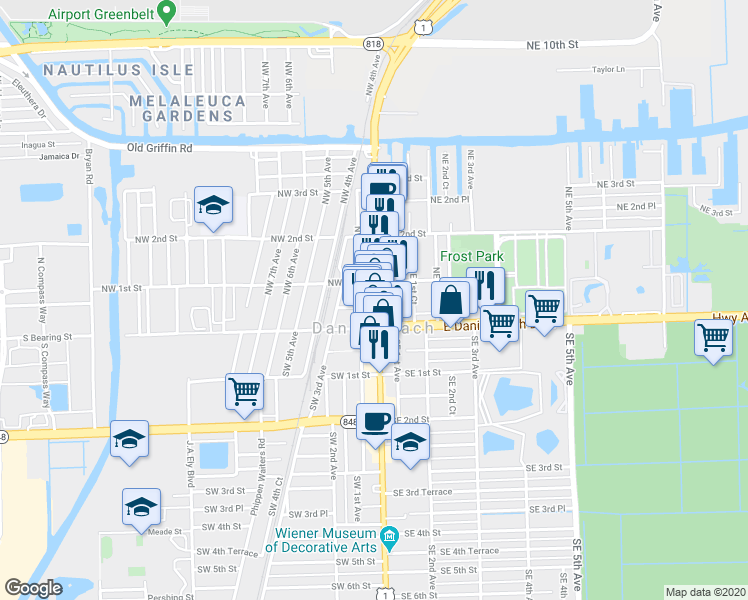 map of restaurants, bars, coffee shops, grocery stores, and more near 52 U.S. 1 in Dania Beach