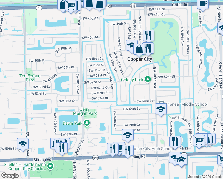 map of restaurants, bars, coffee shops, grocery stores, and more near 5227 Southwest 94th Avenue in Cooper City