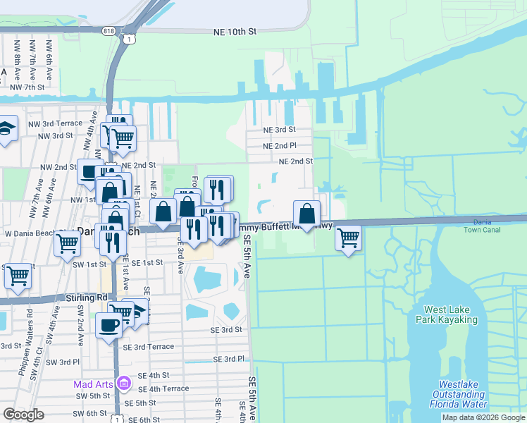 map of restaurants, bars, coffee shops, grocery stores, and more near 501 East Dania Beach Boulevard in Dania Beach