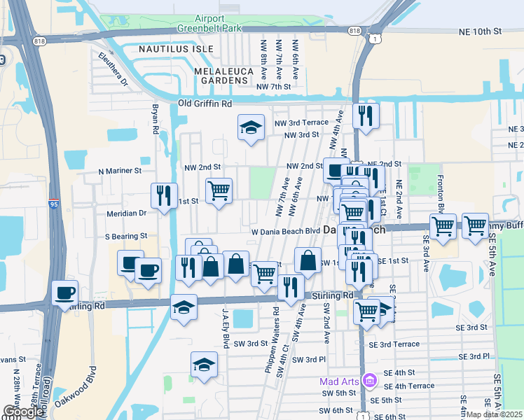 map of restaurants, bars, coffee shops, grocery stores, and more near 56 Northwest 8th Avenue in Dania Beach