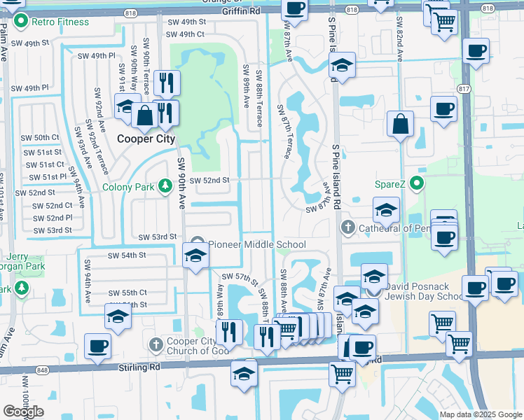 map of restaurants, bars, coffee shops, grocery stores, and more near 5260 Southwest 89th Avenue in Cooper City