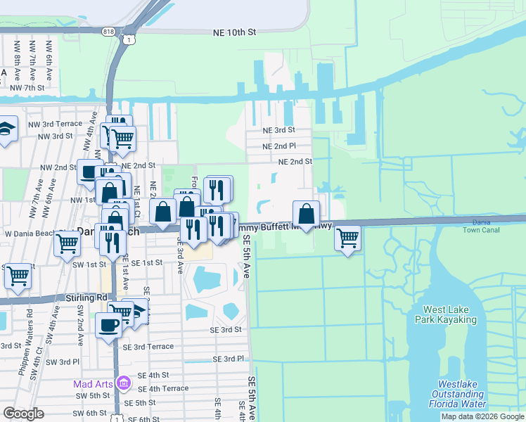 map of restaurants, bars, coffee shops, grocery stores, and more near 501 East Dania Beach Boulevard in Dania Beach