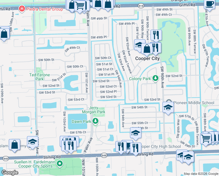 map of restaurants, bars, coffee shops, grocery stores, and more near 9428 Southwest 52nd Court in Cooper City