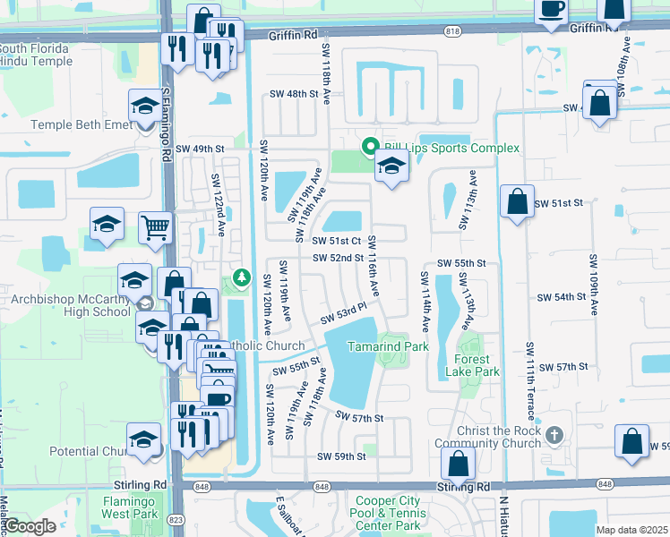 map of restaurants, bars, coffee shops, grocery stores, and more near 5219 Southwest 117th Avenue in Cooper City