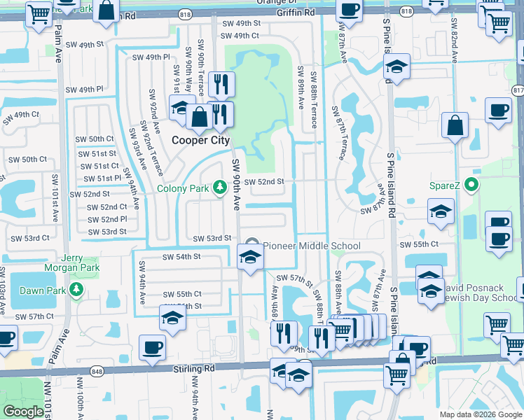 map of restaurants, bars, coffee shops, grocery stores, and more near 8961 Southwest 52nd Place in Cooper City