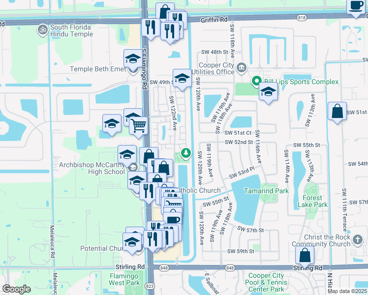 map of restaurants, bars, coffee shops, grocery stores, and more near 5263 Southwest 121st Avenue in Cooper City