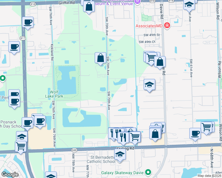 map of restaurants, bars, coffee shops, grocery stores, and more near 6985 South Stillwater Shores Drive in Davie