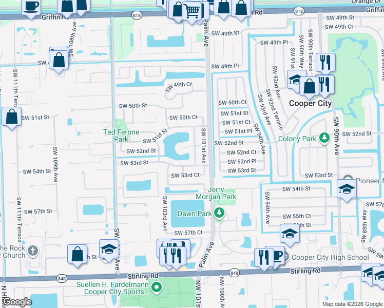 map of restaurants, bars, coffee shops, grocery stores, and more near 5221 Southwest 101st Terrace in Cooper City