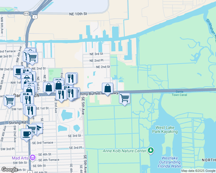 map of restaurants, bars, coffee shops, grocery stores, and more near 801 East Dania Beach Boulevard in Dania Beach