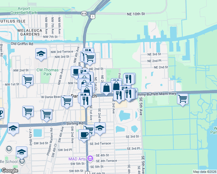 map of restaurants, bars, coffee shops, grocery stores, and more near 215 Northeast 2nd Court in Dania Beach