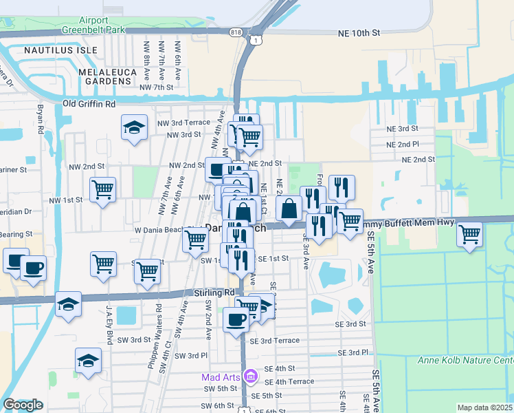map of restaurants, bars, coffee shops, grocery stores, and more near 32 Northeast 1st Court in Dania Beach