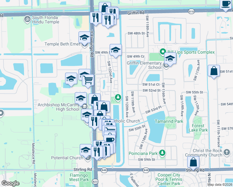 map of restaurants, bars, coffee shops, grocery stores, and more near 5263 Southwest 121st Avenue in Cooper City