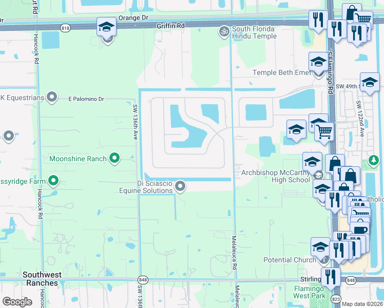 map of restaurants, bars, coffee shops, grocery stores, and more near 113304 Lakeside Terrace in Cooper City