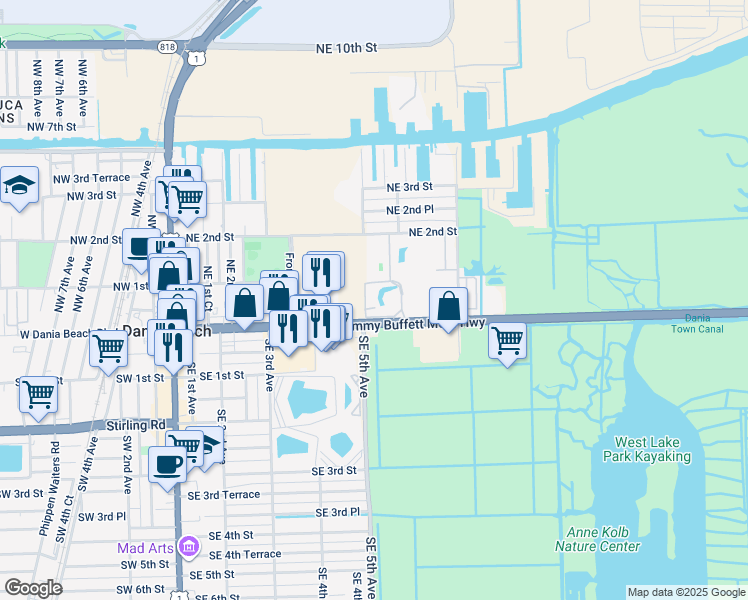 map of restaurants, bars, coffee shops, grocery stores, and more near 501 East Dania Beach Boulevard in Dania Beach