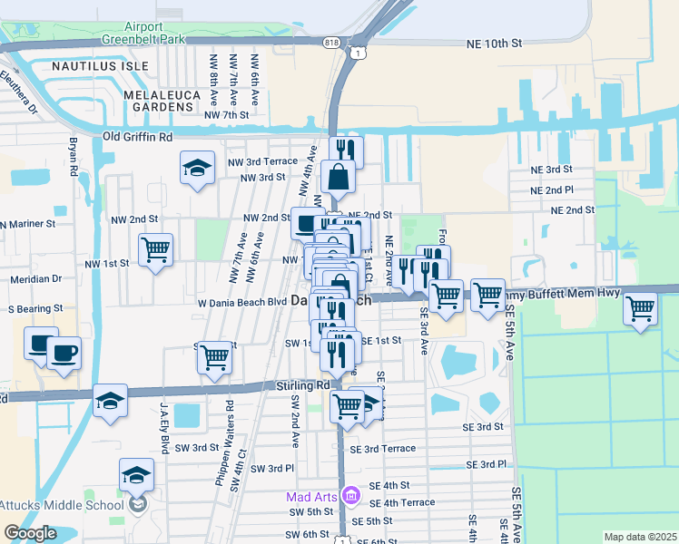map of restaurants, bars, coffee shops, grocery stores, and more near 52 U.S. 1 in Dania Beach