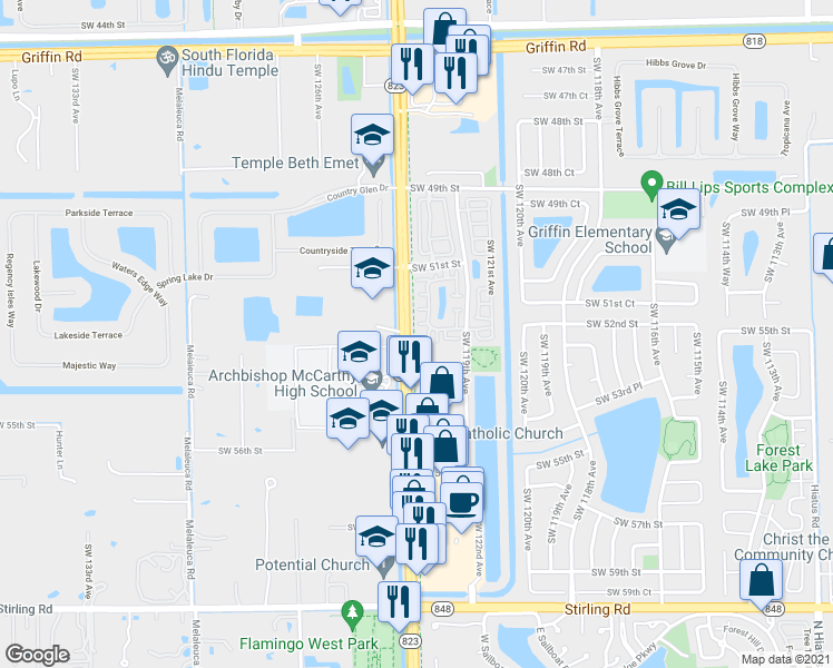 map of restaurants, bars, coffee shops, grocery stores, and more near 12389 Southwest 52nd Place in Cooper City