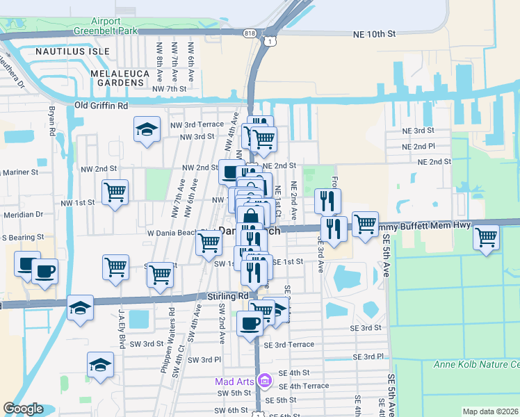 map of restaurants, bars, coffee shops, grocery stores, and more near 52 U.S. 1 in Dania Beach