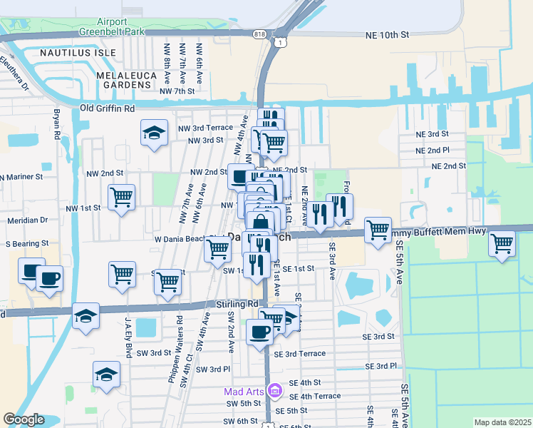 map of restaurants, bars, coffee shops, grocery stores, and more near 52 U.S. 1 in Dania Beach