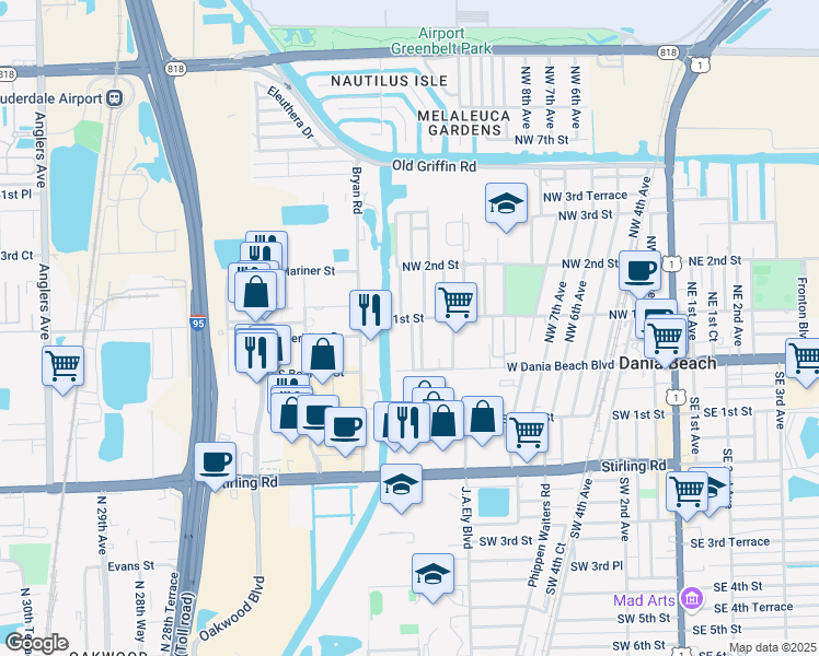 map of restaurants, bars, coffee shops, grocery stores, and more near 23 Northwest 14th Court in Dania Beach