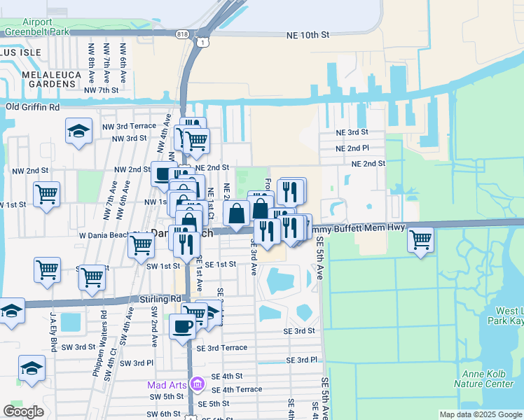 map of restaurants, bars, coffee shops, grocery stores, and more near 247 Northeast 1st Terrace in Dania Beach