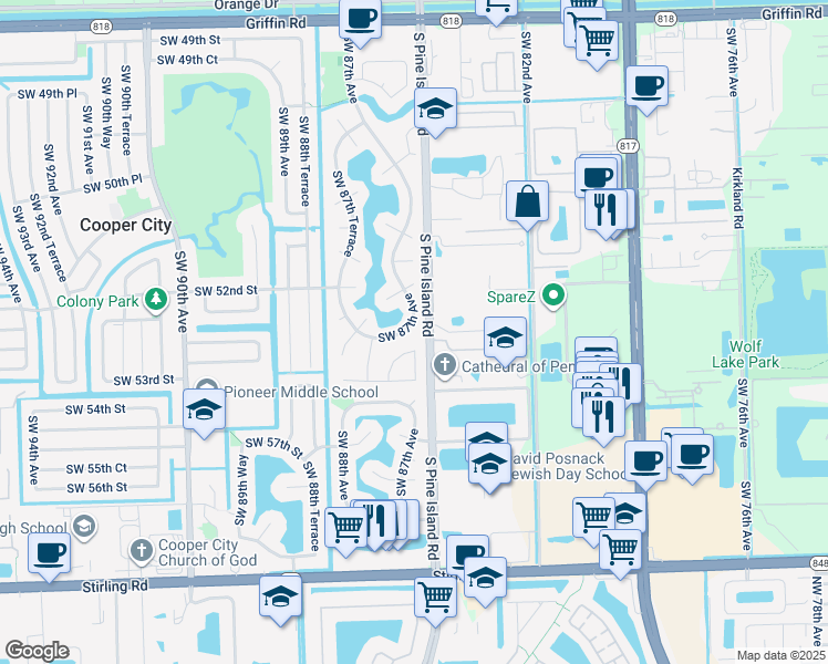 map of restaurants, bars, coffee shops, grocery stores, and more near 5212 Southwest 87th Avenue in Cooper City